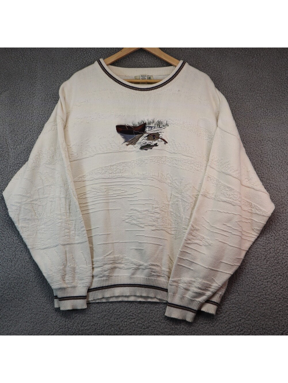 Fieldmaster Men Sweater Cotton Made USA Ivory 2XL Vtg Fish